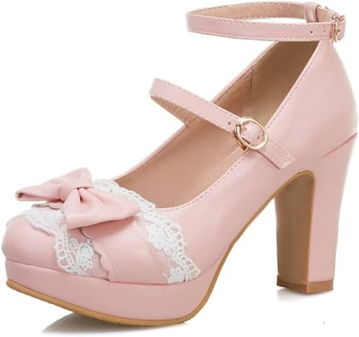 Women Pumps Mary Jane High Heels Kawaii Platform Bow Dress Shoes