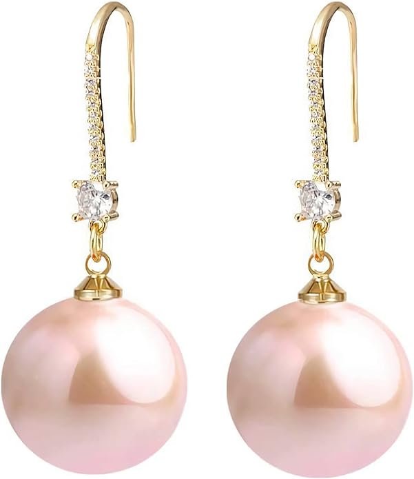 Big Pearls drop dangle Sterling Silver 18k Gold Plated Ear Hook Pearls Earrings for Women Ladies GirlS,Hypoallergenic red,White&Pink Pearls Dangle Drop Earrings with Cubic Zirconia large big Pearls Earrings