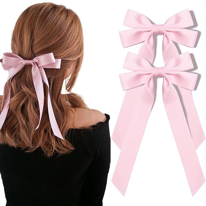 2PCS Silky Satin Hair Bows Pink Hair Ribbon Clips for women Ponytail Holder Hair Accessories Alligator Clips Hair Bow for Women Girls Toddlers Teens Kids