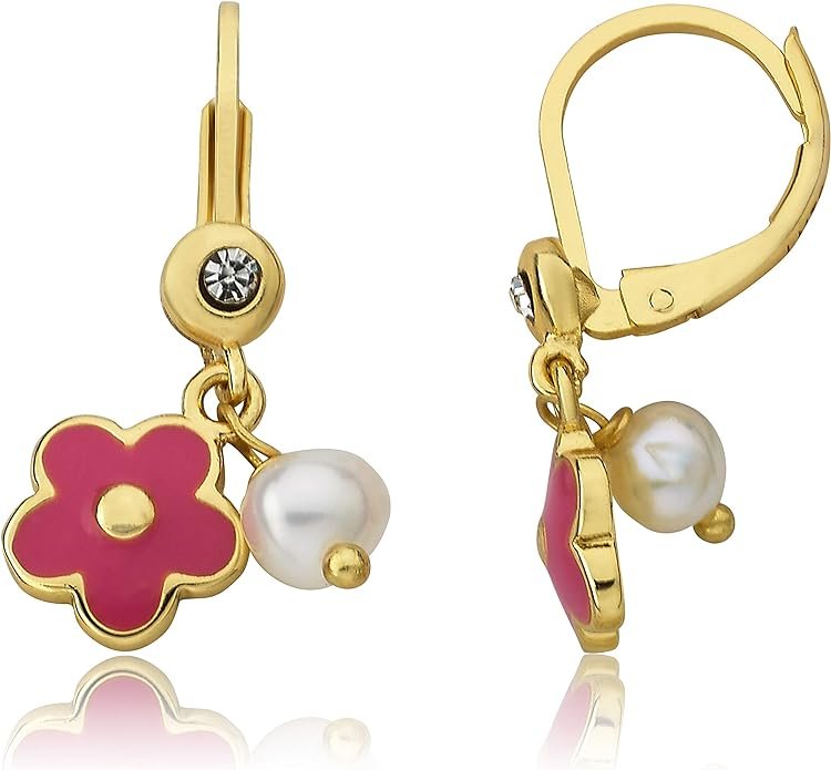 Girls Earrings - 14k Gold-Plated Enamel Flower Leverback Earring With Fresh Water Pearl - Hypoallergenic and Nickel Free For Sensitive Ears