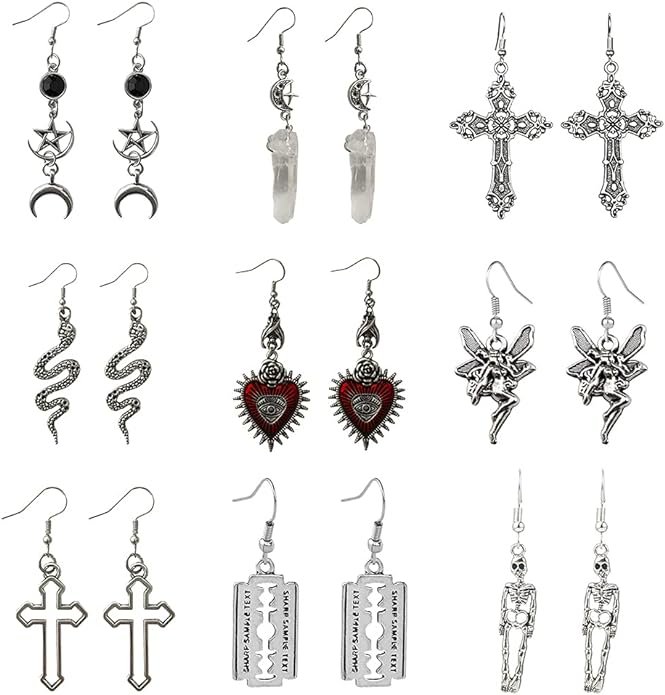 Gothic Punk Vintage Earrings Set Grunge Y2k Jewelry Fairy Fairycore Coquette Rock Harajuku Snake Evil Eye Hear Cross Skeleton Crystal Dangle Halloween Earrings for Women Teen Girls