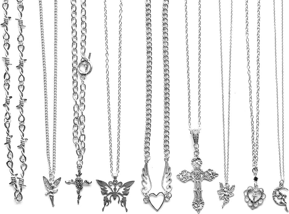 LIRUNQIN 9 Pcs Grunge Necklace Set Goth Cross Fairy Thorns Gothic Angel Heart Feather Chain Choker Necklace for Women Teen Girls